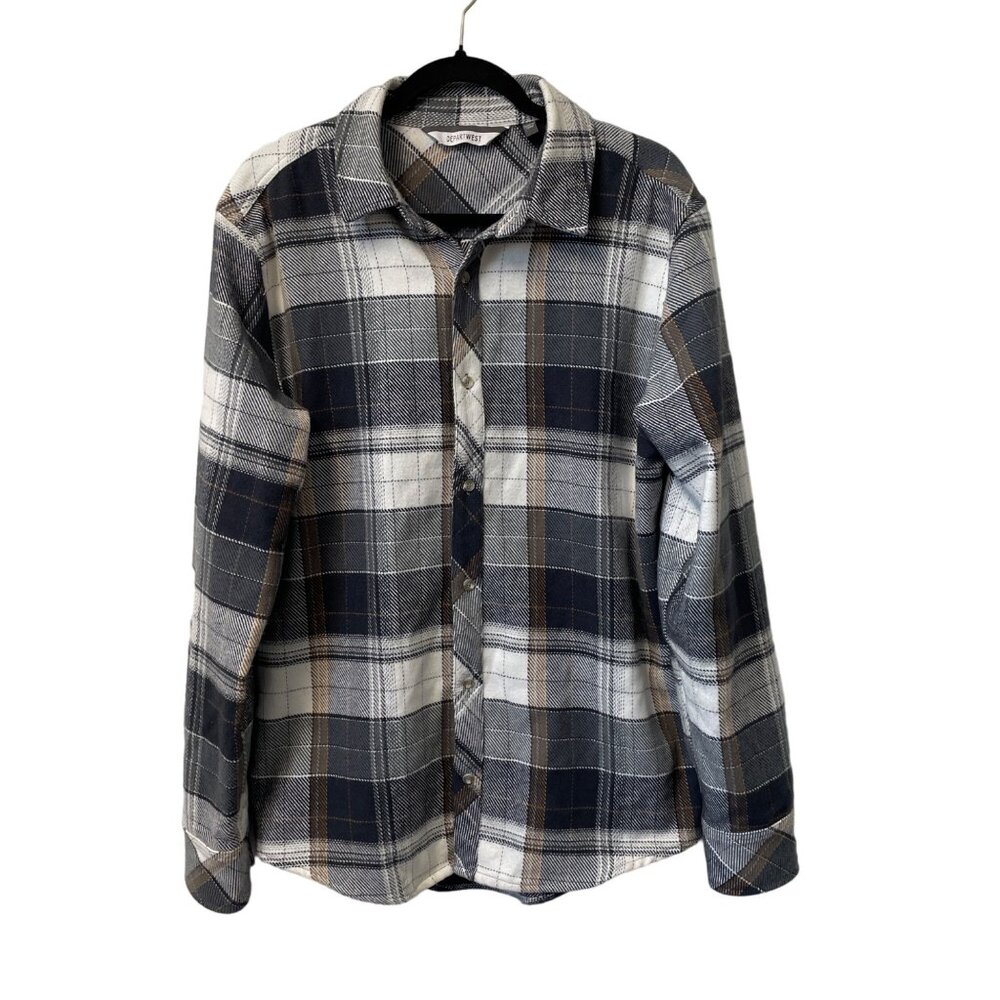 DEPARTWEST FLANNEL SHIRT BUCKLE BKE MENS L BUTTON UP PLAID CHARCOAL GOLD DW135CA